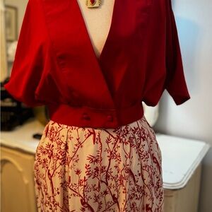 Red V-Neck Blouse and Cream Skirt Pantsuit
